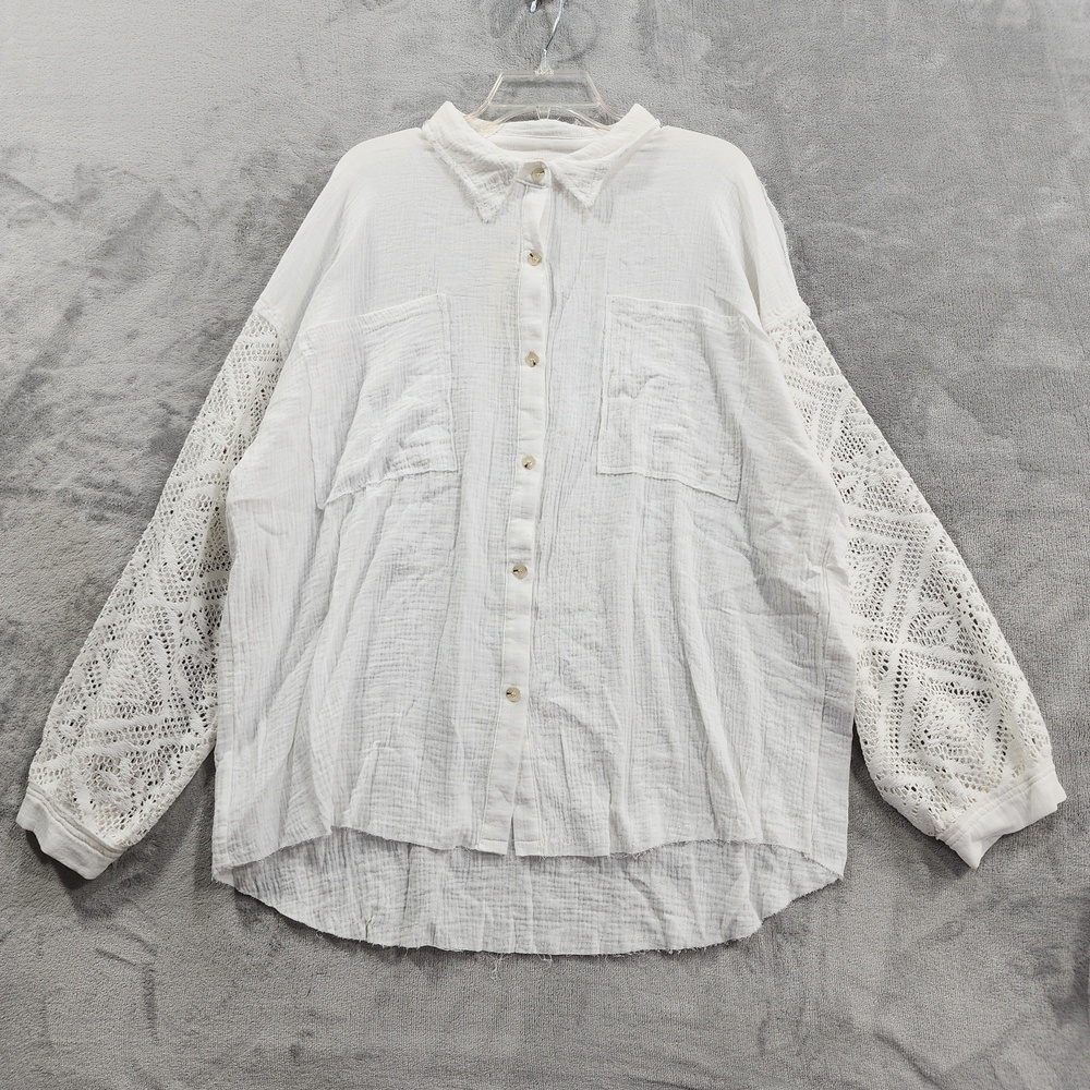 NEW La Miel Shirt Womens L White Cotton Gauze Crochet Sleeve Button Up Tunic